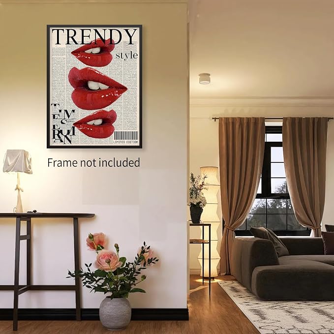 jkahh Trendy Y2k Newspaper Wall Art Vintage Red Lips Kiss Prints Poster Fashion - Image 4