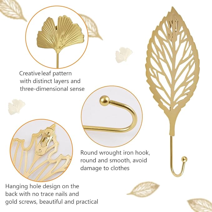 MOROBOR Decorative Iron Hooks, 4-Piece Ginkgo Maple Leaf Shape Gold Wall - Image 4