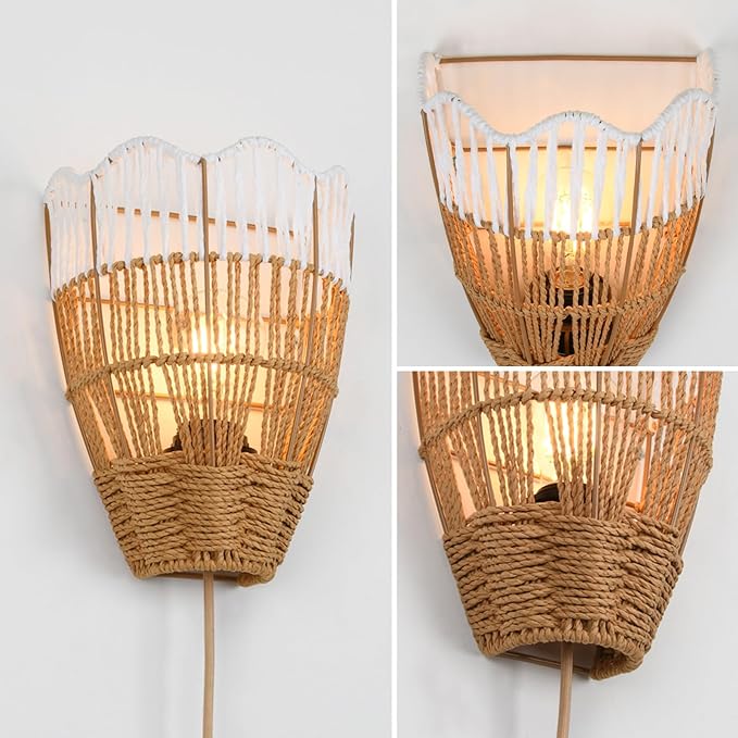 Plug-in Boho Wall Sconces Set of 2, Handwoven Rattan Wall Lights - Image 4