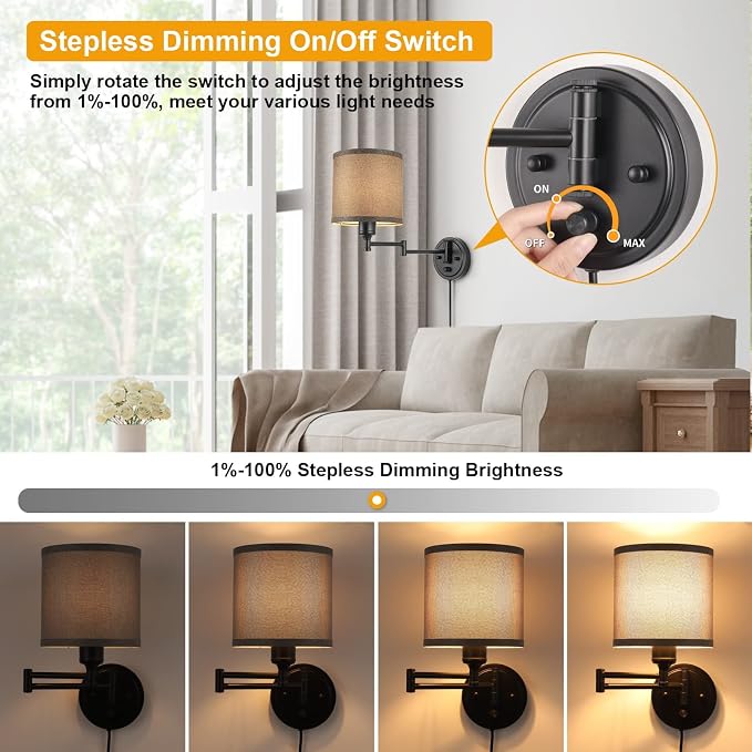 GOODATE Dimmable Plug in Wall Sconces, Swing Arm Wall Lamp, Wall Sconces Set of - Image 4
