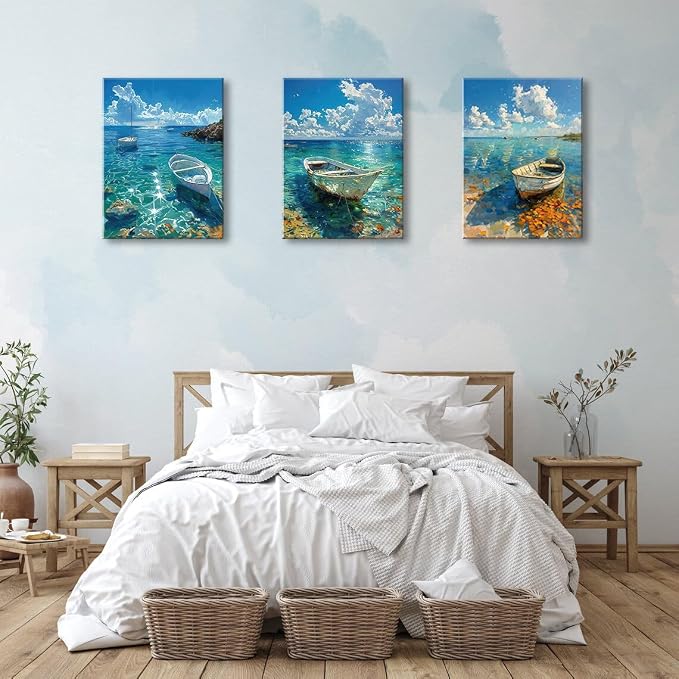 weiyiart Beach Decor Canvas Wall Art Blue Ocean Boat on the Sea Print Painting - Image 7