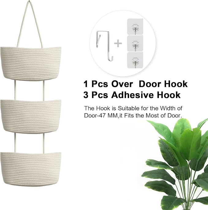 TeoKJ Over the Door Hanging Basket, 3-Tier Woven Cotton Wall-Mounted Storage - Image 3