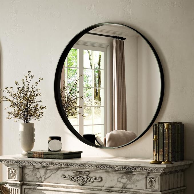 VooBang 24 inch Round Bathroom Mirror, Balck Modern Circle Wall Mounted Mirror by VooBang