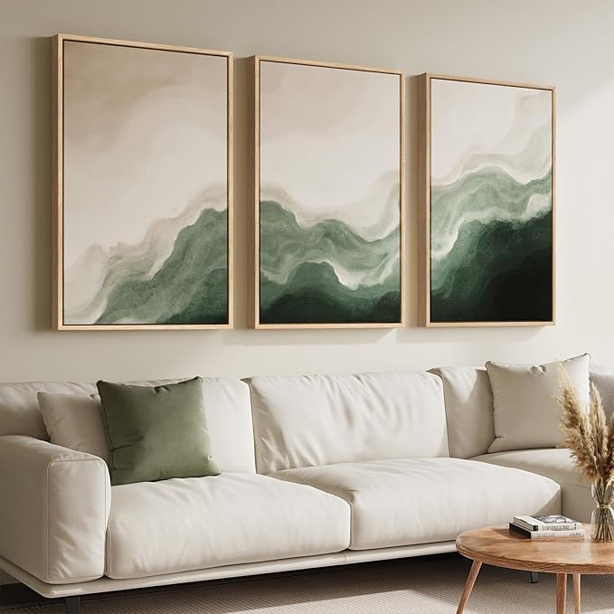 Large Framed Green and Beige Abstract Wall Art Set of 3, Modern Neutral Canvas - Image 2
