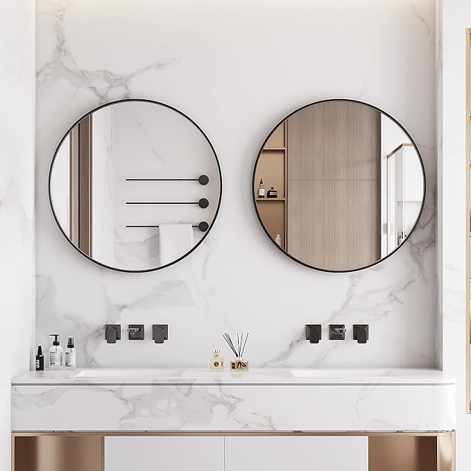 Itrue 24 Inch Round Wall Mirror, Brushed Black Metal Framed Circle Bathroom - Image 2
