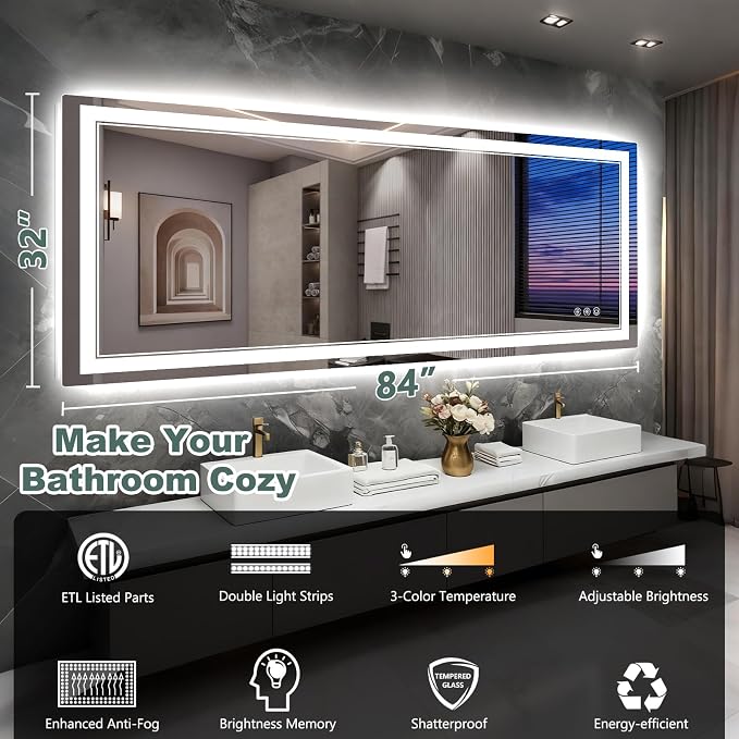 84x32 Inch LED Bathroom Mirror - Image 2
