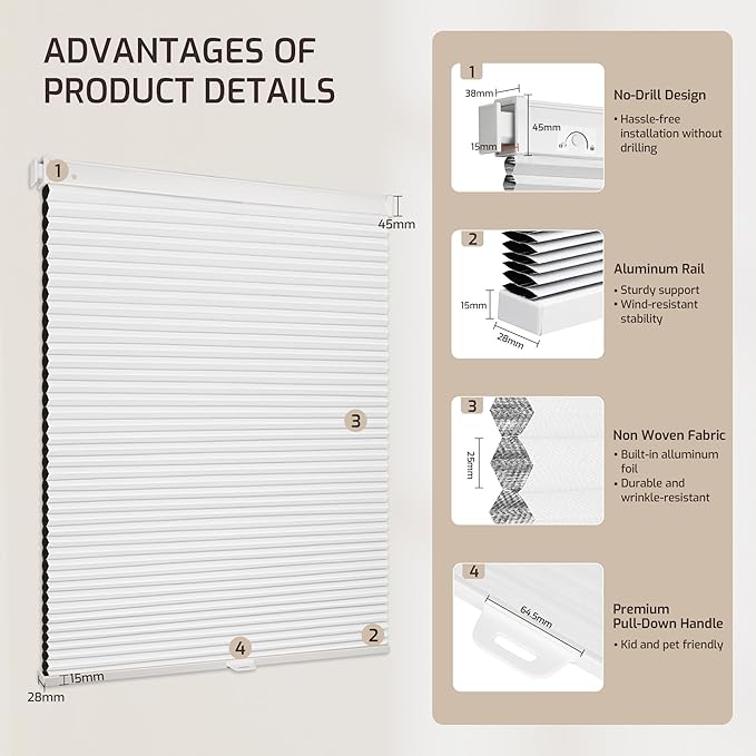 Grandekor No Drill No Tools Cordless Cellular Shades, 31.5" W x 64" H, UV - Image 9