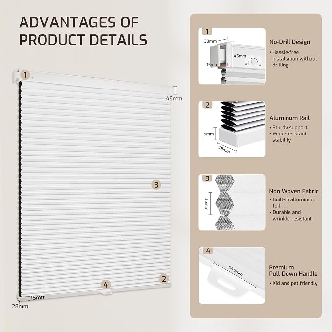 Grandekor No Drill No Tools Cordless Cellular Shades, 27.5" W x 64" H, UV - Image 9