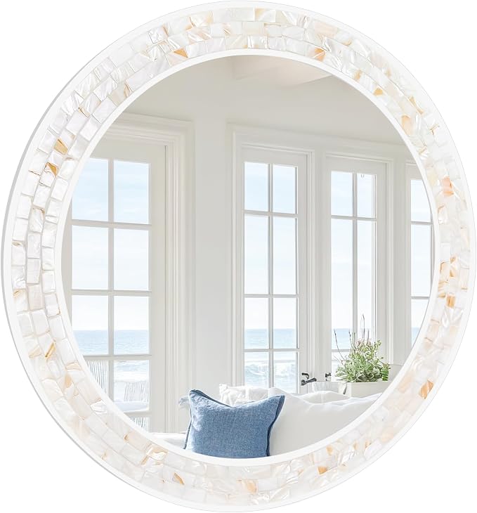 Tanmicoshomy 36 Inch Large Round Mirror, Natural Shell Inlay Framed Large - Image 7