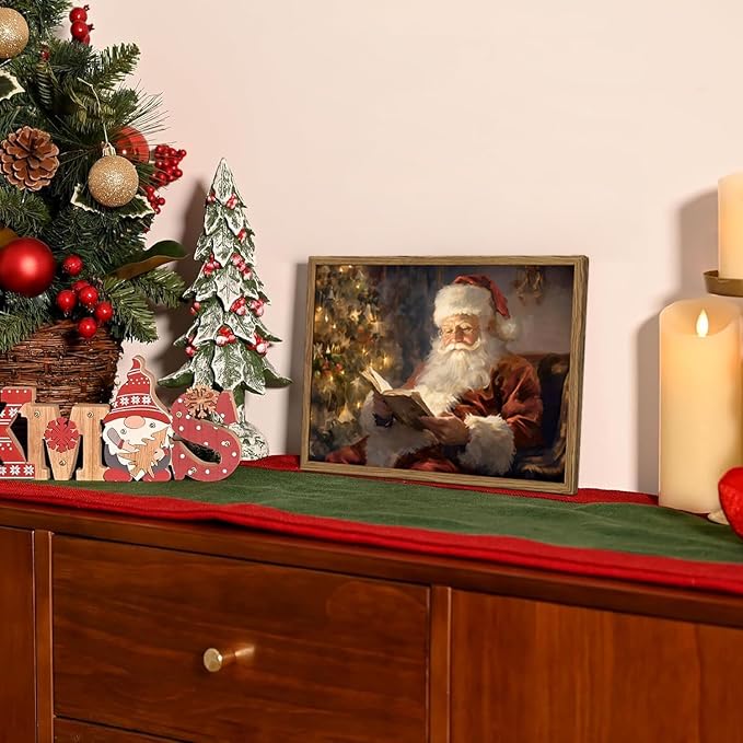 Framed Vintage Christmas Canvas Wall Art, Santa Claus Reading Book Paintings - Image 7