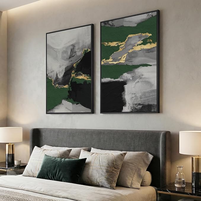 Large Framed Green Abstract Wall Art, 2 Piece Modern Canvas Prints Paintings - Image 4