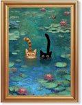 Fantasy Artists Gold Framed Wall Art Prints, Two Swimming Cats in Lotus Pond by Unknown