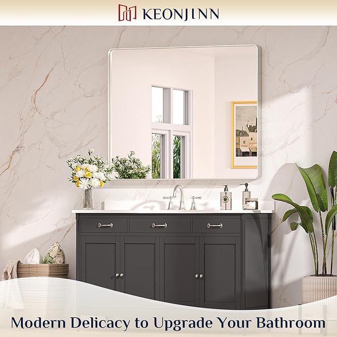 Keonjinn 42 x 36 Brushed Nickel Bathroom Vanity Mirror, Large Rounded Rectangle - Image 2