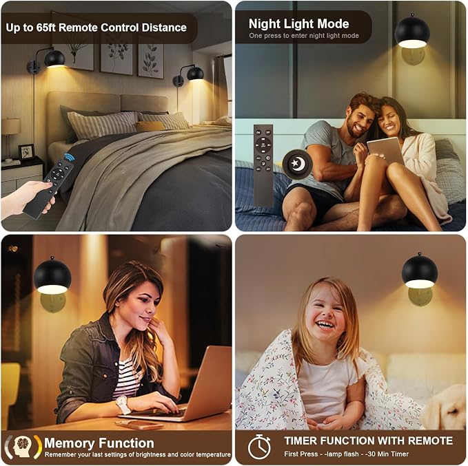 VATONI Wall Sconce with Remote Control, Dimmable Plug in Wall Sconces and - Image 3