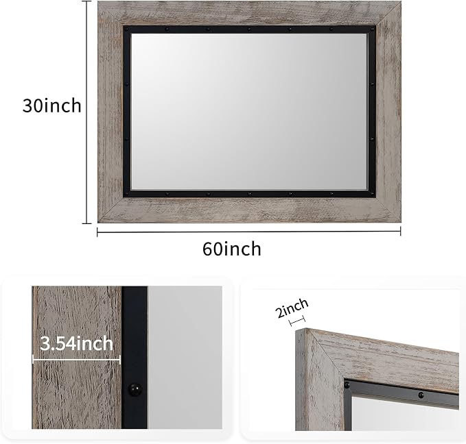 YOSHOOT Rustic Wooden Framed Wall Mirror, Natural Wood and Iron Bathroom Vanity - Image 7