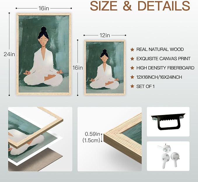 GELDSTEI Wood Framed Zen Wall Art, Tranquil Meditation Wall Decor, Yoga Girl - Image 7