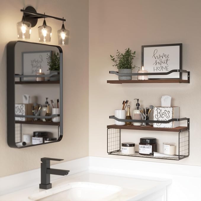 WOPITUES Floating Shelves with Wire Storage Basket, Bathroom Shelves Over - Image 2
