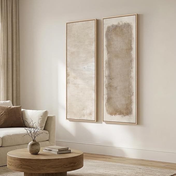 Long Narrow Framed Neutral Abstract Vertical Wall Art, 2 Piece Modern Canvas - Image 2