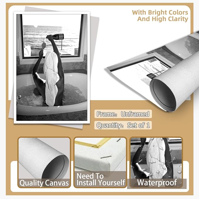 Trendy Black and White Posters Funny Woman Drinking Wine in Bathtub Wall Art - Image 7