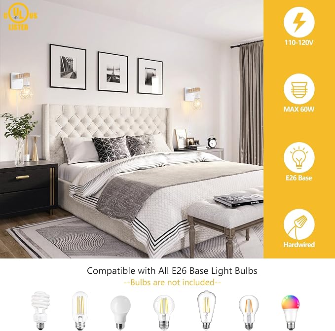 Lomoky White Plug in Wall Sconces Set of Two, Modern Wall Lights - Image 3