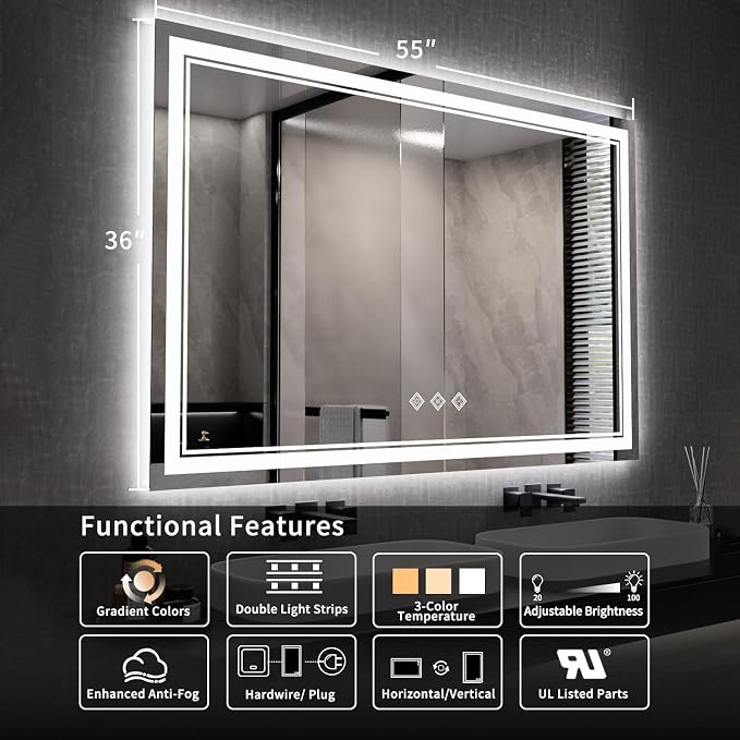 LED Mirror, 55x36 Inch Gradient Front and Backlit Lighted Bathroom Mirror - Image 2