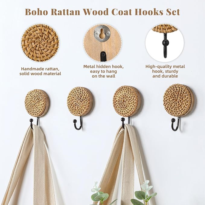 Colingmill 4 Pcs Boho Rattan Wall Towel Hooks Decorative Woven Hanging Holder - Image 4