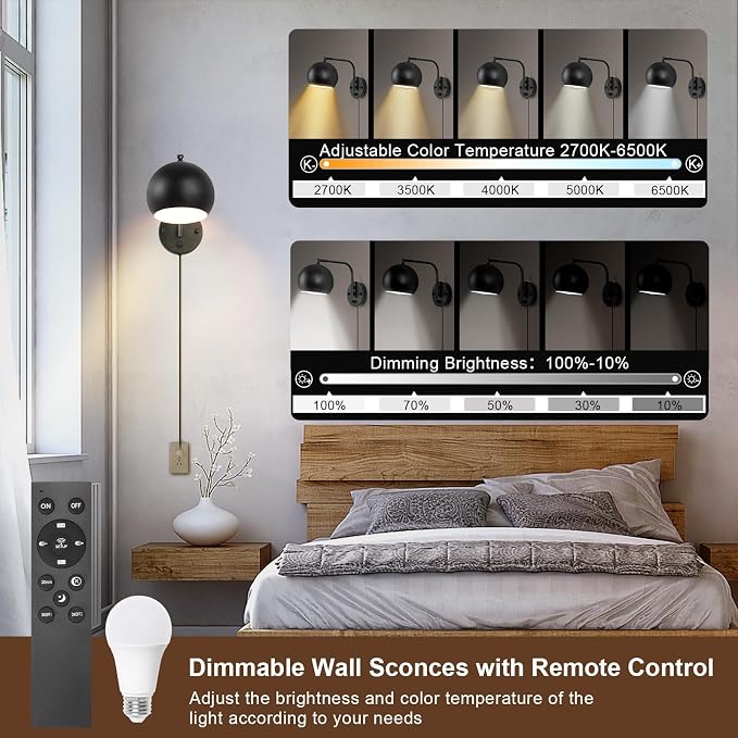 VATONI Wall Sconce with Remote Control, Dimmable Plug in Wall Sconces and - Image 2
