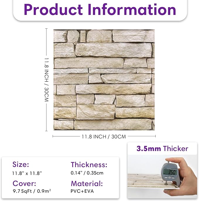 3D Peel and Stick Faux Stone Wall Panels 11.8" x 11.8" 10-Pack, Stone-Look Wall - Image 4