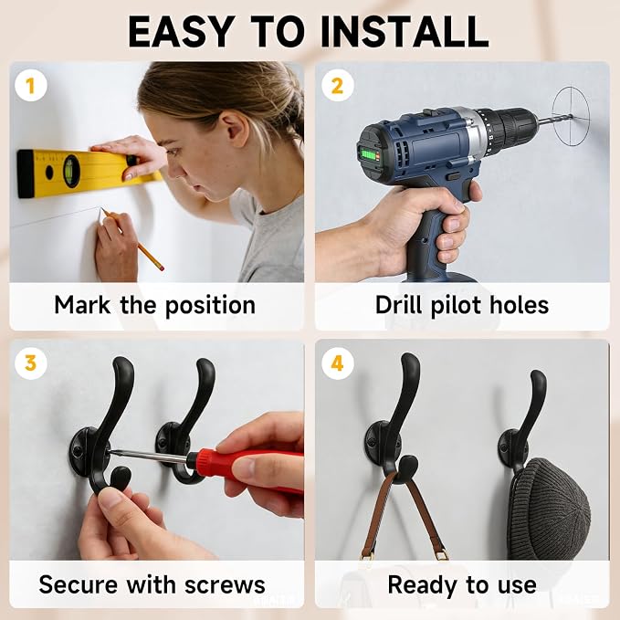 4 Pack Coat Hooks Wall Mount, Heavy Duty Wall Hooks - Image 4