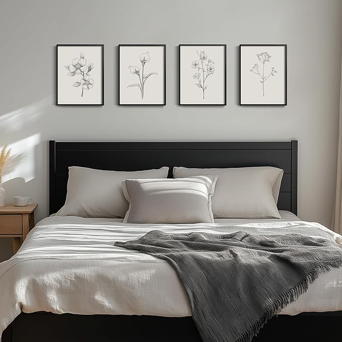 Framed Black and White Floral Wall Art, 4 Piece Vintage Gray Botanical Canvas - Image 2
