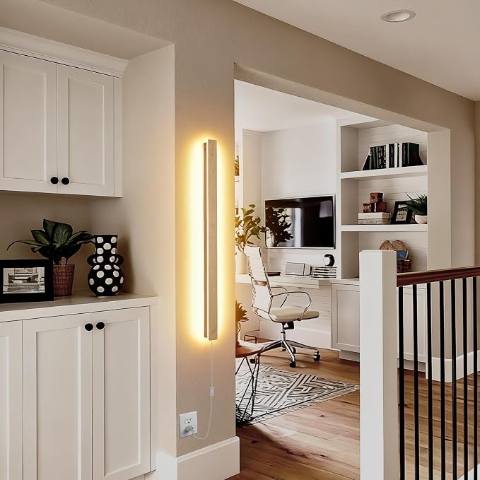 Modern Plug in Long Wall Sconce, 31.4 inch Faux Wood Texture Finish LED Wall - Image 2