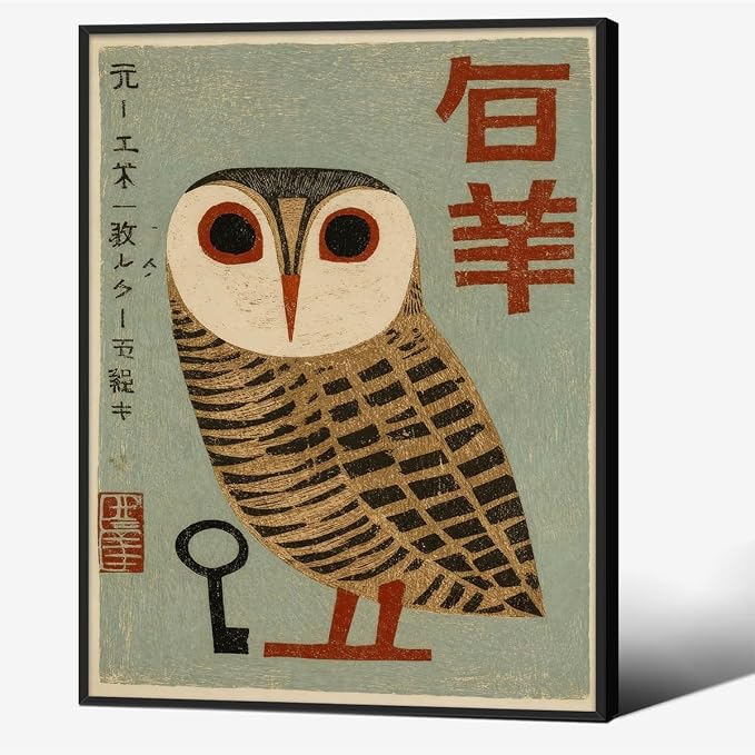 Vintage Japanese Black Framed Wall Art Owl Poster Mid Century Animal Print by Heltrappe
