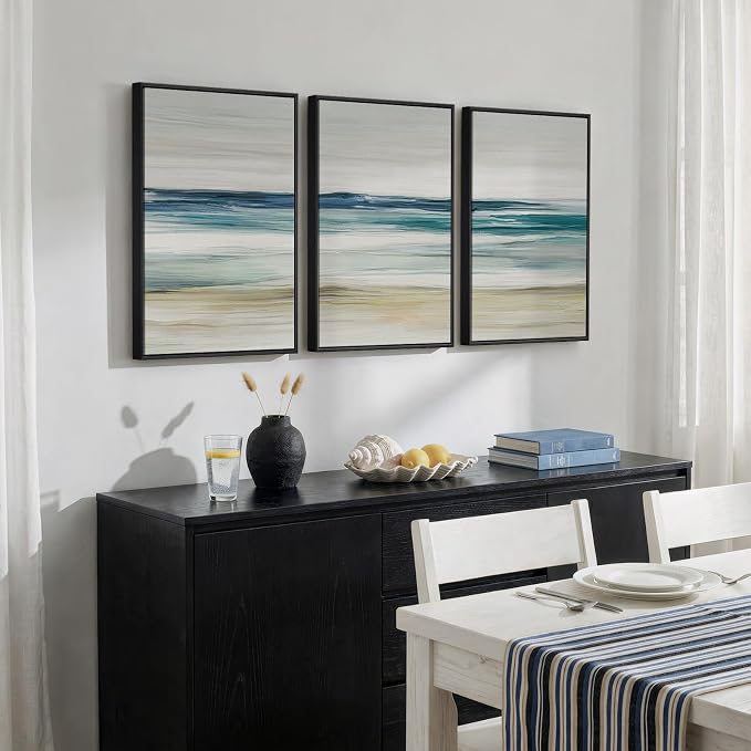 Framed Abstract Coastal Wall Art Bedroom, 3 Piece Blue Beach Landscape Canvas - Image 2