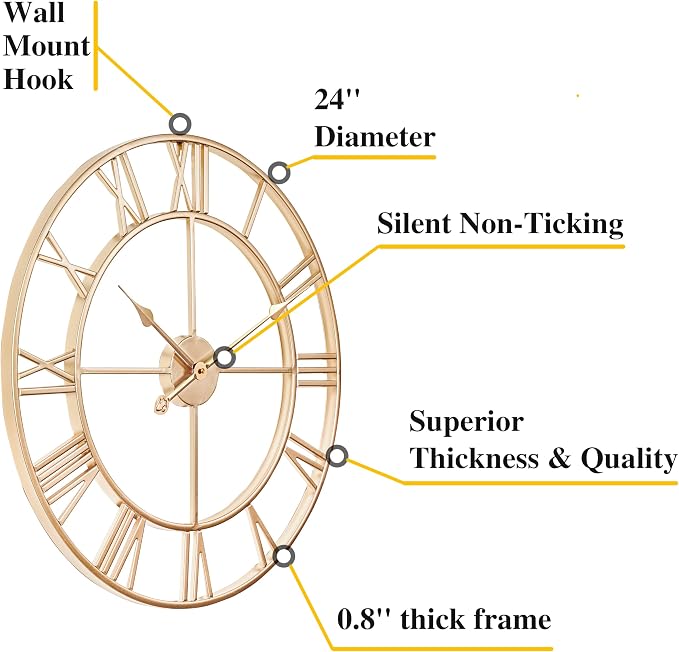 CLXEAST Champagne Gold Metal Wall Clock, Large Roman Numeral 24 Inch Wall Clocks - Image 2