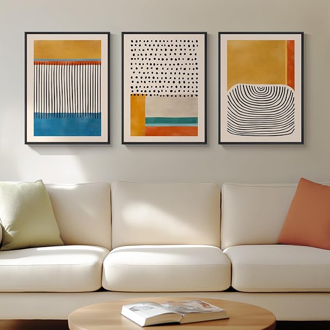 Framed Abstract Mid Century Modern Wall Art Bedroom, 3 Piece Colorful Bright - Image 3