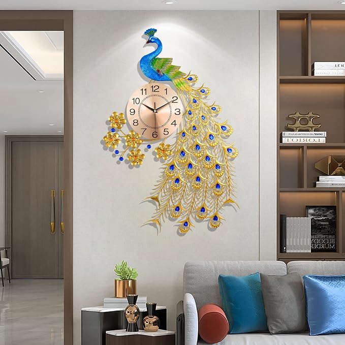 Large Peacock Wall Clock for Living Room Decor, Mid Century Decorative Big Wall - Image 3