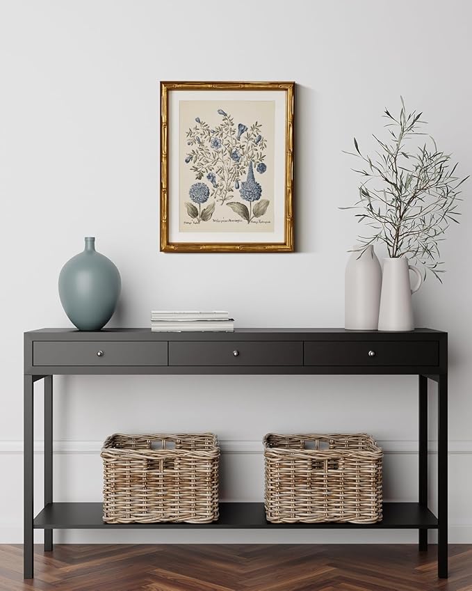 InSimSea Gold Bamboo Framed Canvas Wall Art, Retro Blue Hydrangea Botanical - Image 2