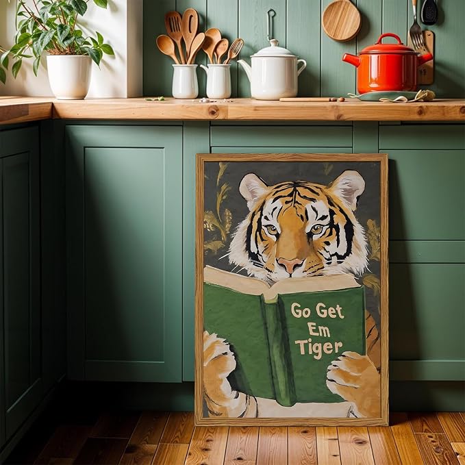 Framed Funny Tiger Wall Art, Motivational Animal Reading Wall Decor Paintings - Image 9