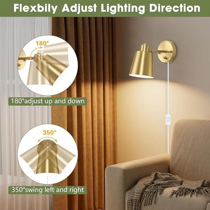 Lomoky Dimmable Wall Sconces Plug in, Adjustable Angle Wall Lamps - Image 4