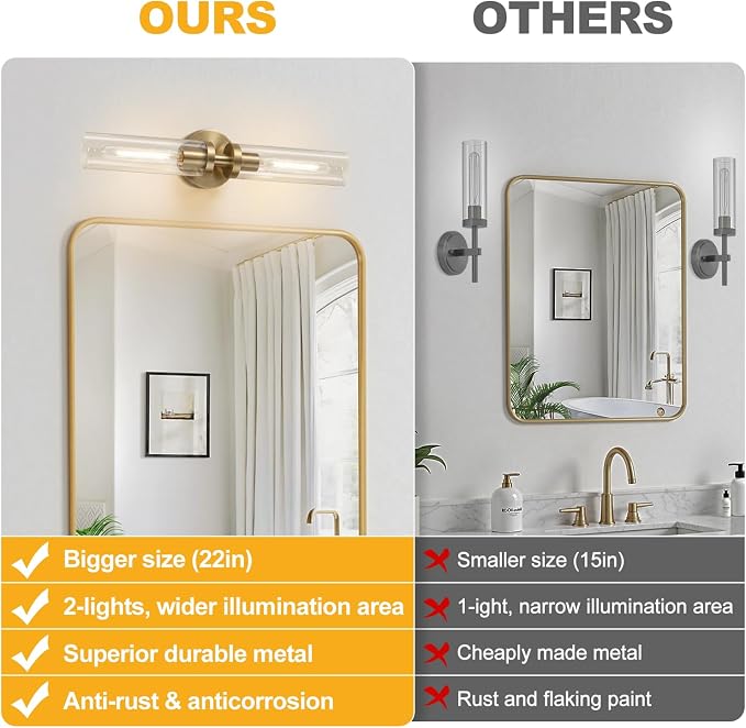 Indoi Brass Wall Sconces, Hardwired Bathroom Sconces Wall Lighting - Image 2