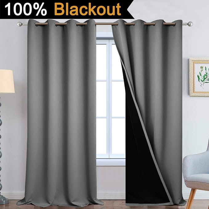 Yakamok Gray 100% Blackout Curtains Energy Saving Thermal Insulated 2 Thick - Image 2