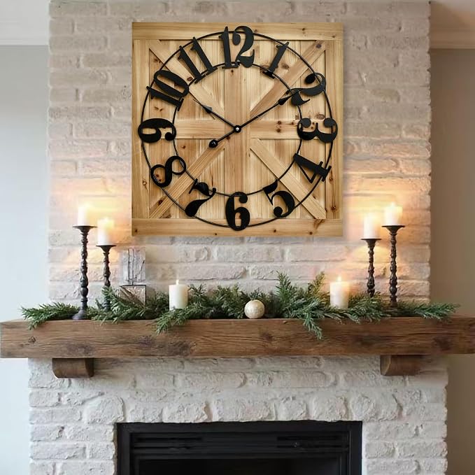 EMAX HOME Large Farmhouse Wall Clock – 24 Inch Brown Square Rustic Wooden Clock by EMAXHOME