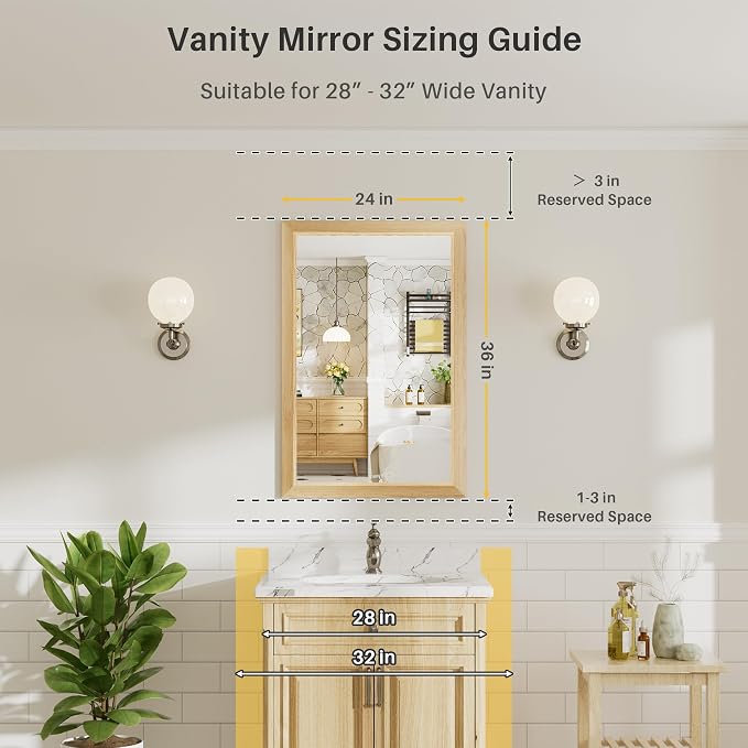24x36 Inch Bathroom Mirror for Wall, Anti-Rust Oak Wood Grain Metal Framed - Image 2