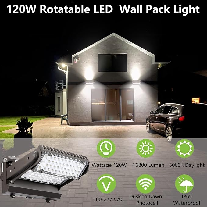 Dusk to Dawn 120W Rotatable LED Wall Pack Light, 5000K 16800LM 600-800W HPS/HID - Image 2