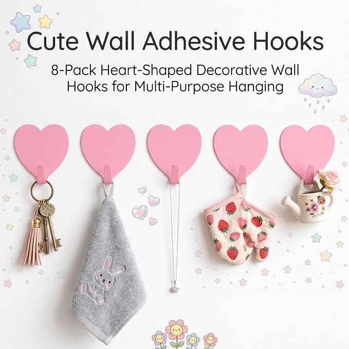 Heart Wall Hooks, 8 Pack, Small Pink Decorative Accessories, Purse Hanger - Image 2