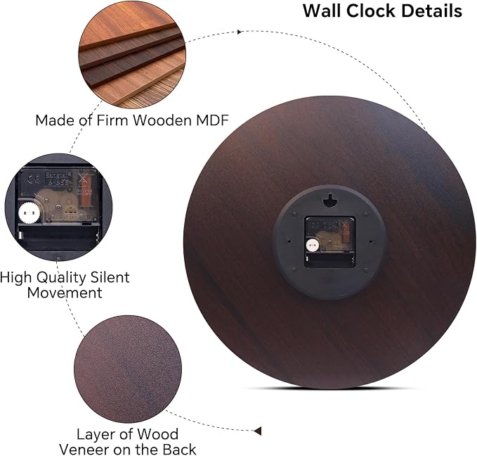 14 Inch Retro Vintage French Country Style Round Wooden Wall Clock Silent - Image 6