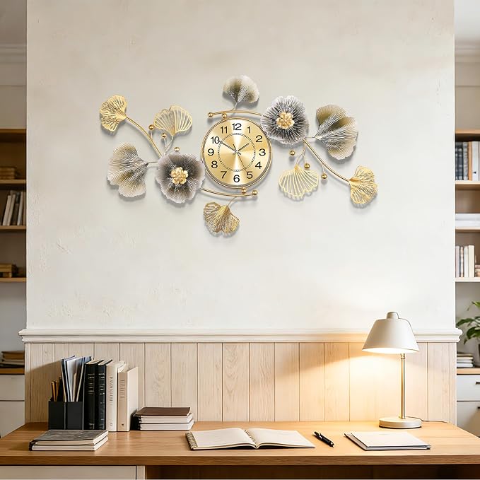 Wall Clocks for Living Room Decor, Large Wall Clock, 3D Creative Metal Ginkgo - Image 7