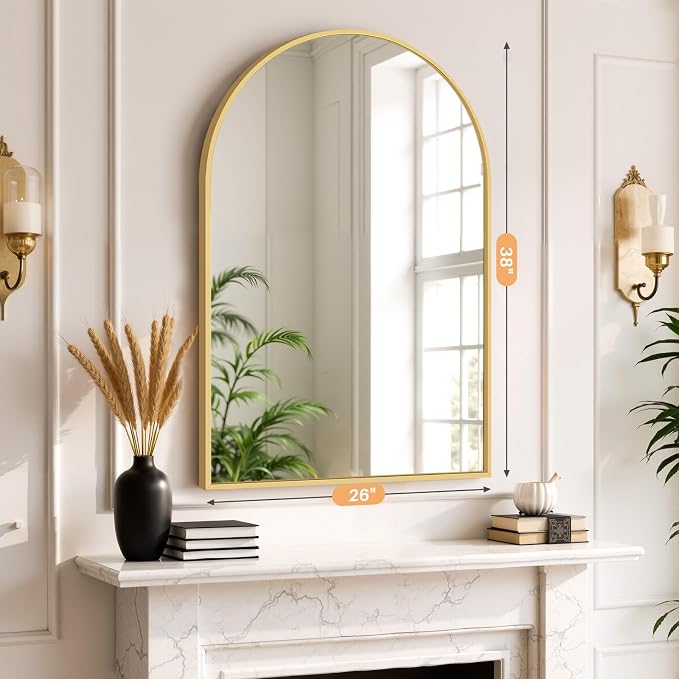 Bathroom Mirror for Wall, 38x26 Inch Arched Mirror, Matte Gold Metal Framed - Image 7