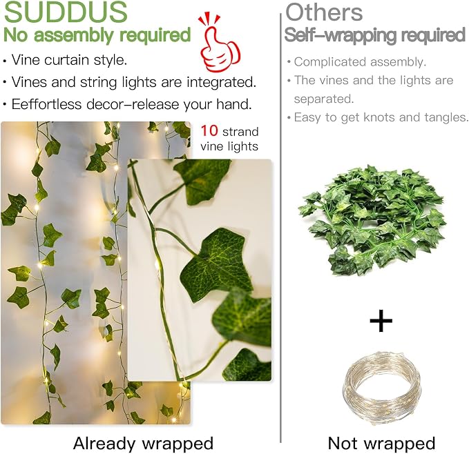suddus Vines with Light for Bedroom, 200 LED Fairy Lights with Vines, Ivy - Image 6