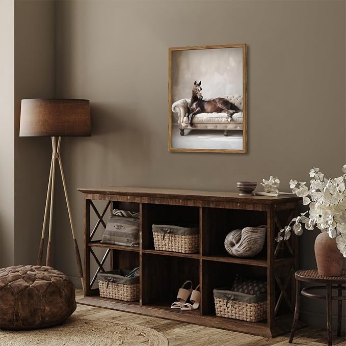 Framed Funny Horse Canvas Wall Art, Vintage Western Brown Horse On Sofa - Image 9